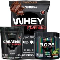 Whey Protein Concentrado + Creatina Monohidratada 150g + Pré-Treino B.O.P.E 150g - Kit Black Skull Para Ganho de Massa e Força (Whey Turbo Chocolate - B.O.P.E Limão)