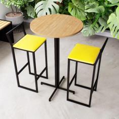 Conjunto Mesa Alta Bar Bistrô Redonda Pinus 2 Banquetas Confort Estofa