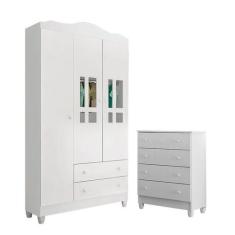 Cômoda Gaveteiro e Guarda Roupa Ariel Branco Brilho - Carolina - Carol