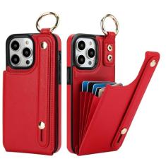 Folosu Capa carteira para iPhone 14 Pro Max com suporte para cartão, alça de pulso de mão, suporte, anel de aperto de dedo com bloqueio de RFID, couro PU, botões duplos, capa à prova de choque, 17 cm,