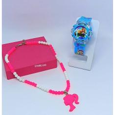 Kit Relógio Infantil Digital Pisca Luz Led Colorido Princesas + Colar Miçangas com Pingente 3D Personagens Disney Moda