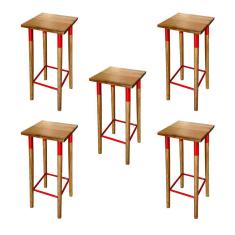 Kit 5 Banquetas Bistro Industrial Colors Ferro e Madeira Maciça - Vermelha