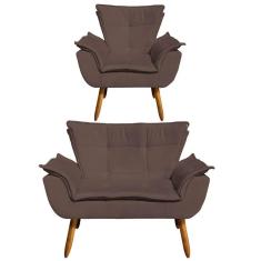 Kit Namoradeira 2 Lugares E 1 Poltrona Decorativa Pés Palito Opla Suede Marrom - Ibiza