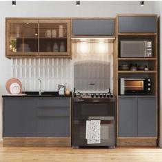 Cozinha Modulada 4 Peças 7 Portas 3 Gavetas com Divisor de Talheres 1 Nicho para Forno Viena Edez Louro Freijó/Cinza Grafitto