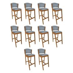 Kit 10 Banquetas Alta de Madeira Maciça Cerejeira Premium Ana com Encosto Linho Cinza