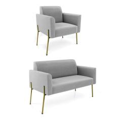 Sofá Namoradeira E Poltrona Pé De Ferro Dourado Marisa Suede Cinza D03