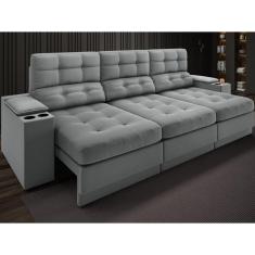 Sofá com Porta Copos e Carregador USB Eureka 2,30m  Assento Retrátil e Reclinável Velosuede Cinza - NETSOFAS