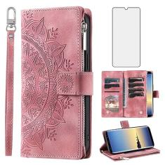 Asuwish Capa de telefone para Samsung Galaxy Note 8 capa carteira com protetor de tela de vidro temperado e alça de pulso mandala flor flip zíper suporte para cartão celular Note8 Not S8 Gaxaly