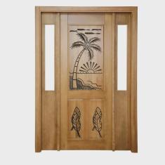 Portal Madeira Maciça Vitrô Duplo Palmeira Entalhada Completa 143x213x16cm Cedro Rosa