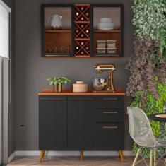 Armário de Cozinha Compacta 4 Portas 3 Gavetas Vidro Reflecta com Adega 1,20m Favorita Preto/Nature