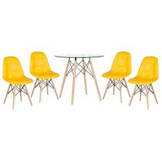 Loft7, Kit Mesa de vidro Eames 80 cm + 4 cadeiras estofadas Eiffel Botonê amarelo