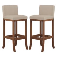 Kit 2 Banquetas Média Encosto Estofado 38x90Cm Ilha Espanha Madeira Maciça Castanho Suede Bege CCS