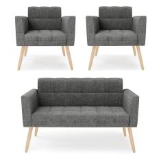 Kit 1 Sofá Namoradeira E 2 Poltronas Elisa Linho Grafite A26 Pés Palito Natural - D`rossi