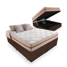 Cama Box Baú Queen Bipartido Tecido Sintético Marrom com Colchão Pillo