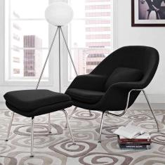 Poltrona Womb Chair Com Puff Cromada Linho Preto Cor Preto