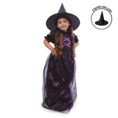 Fantasia Bruxa Elegante Roxa Infantil de Halloween Com Chapéu - Fantas