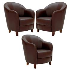 Kit 3 Poltronas Decorativas Sala de Estar Pés Madeira Kairós Couro Chocolate - Gran Belo