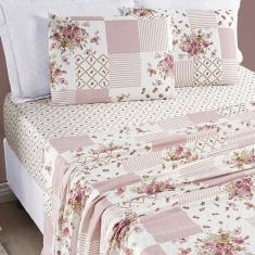 Jogo De Cama Lençol Casal Queen 04 Peças Microfibra Estampada Ayla - Rosa Floral Matura
