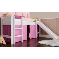 Cama Infantil Elevada C/ Escorregador Cortina Rosa - Branco - Completa