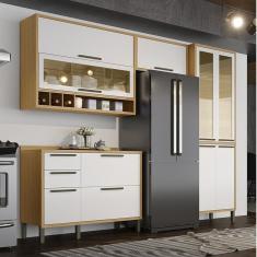 Cozinha Modulada Compacta Com 4 Peças 9 Portas E Vidro Reflecta 100% Mdf Vicenza Espresso Móveis Amêndoa-off White