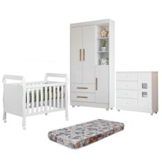 Quarto de Bebê com Berço Mini Cama, Cômoda 1 Porta 4 Gavetas e Roupeiro Flocos 3 Portas 2 Gavetas Branco