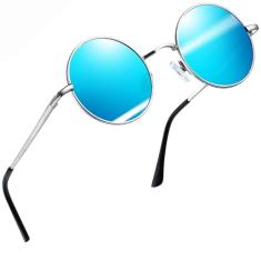 Joopin Óculos de Sol Redondo Masculinos Femininos Polarizado, Pequeno Círculo Hippie Vintage Retrô Steampunk Metal Óculos de Sol (Azul)