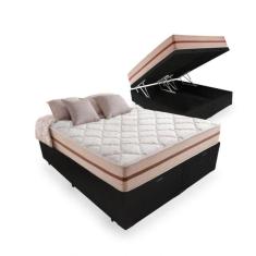 Cama Box Baú Casal Bipartido Tecido Sintético Preto Com Colchão Pillow Angel - Bello Box - Molas Ensacadas 62x138x188