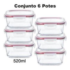 Conjunto 6 Potes De Vidro 520Ml Hermético 4 Travas Marmita