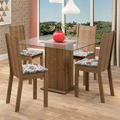 Conjunto Sala de Jantar Madesa Maya Mesa Tampo de Vidro com 4 Cadeiras - Rustic/Floral Hibiscos