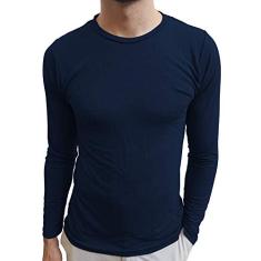 Camiseta Masculina Básica Gola Redonda Manga Longa cor:azul-escuro;tamanho:m