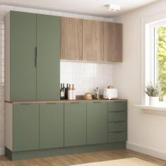 Cozinha Modulada 4 Peças com Tampo 2 Aéreos 5 Portas e 2 Balcões Ipanema CabeCasa MadeiraMadeira Verde Folha/Acácia/Branco