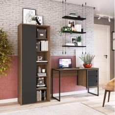 Conjunto Home Office Livreiro 1 Porta 5 Prateleiras e Escrivaninha 3 Gavetas Placa e Ponto Grafite/Mel