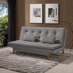 Sofá Cama Barcelona Tecido Veludo Com Pés De Madeira Cinza - KLM MÓVEI