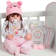 Boneca Bebê Reborn Silicone Conjunto Rosa Com Acessórios - Cegonha Reb