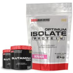 Kit Optimum Isolate Whey Protein Morango 2kg + 2x Glutamina 300g + Coqueteleira - Bodybuilders