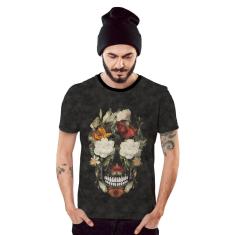 Camiseta Floral Caveira em Flores Coloridas Grafite-Masculino