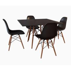 Conjunto de Mesa de Jantar Eames Eiffel Quadrada 90cm Tampo de Madeira Preto com 4 Cadeiras Pretas