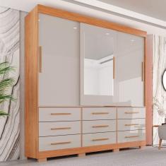 Guarda-roupa com Pés e Espelho Casal 3 Portas 9 Gavetas Luana Cinamomo/Off-White