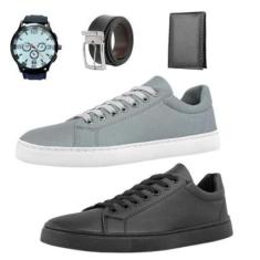 Kit 2 Tênis e Preto Casual +Carteira+Cinto+Relógio-Masculino