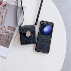 Bolsa crossbody 2 em 1 capa de telefone para Samsung Galaxy Z Flip 5 3 4 Flip5 Flip4 Flip3 bolsa de ombro colar alça capa de couro, preta, para Galaxy Z Flip4