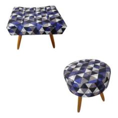 Kit Puff Retangular + Puff Redondo Decorativo Banqueta Pés de Madeira 