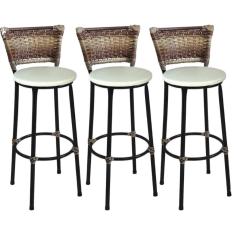 Kit 3 Banquetas Médias Preta com Encosto Junco Capuccino Assento Branco