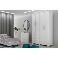 Guarda Roupa Solteiro Encant 4 Portas 3 Gavetas c/Espelho e Pés Branco - Novo Horizonte