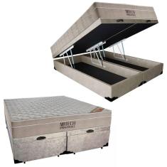 Cama Box Baú King Suede Bipartido + Colchão Ortobom Airtech Molas Ensacadas 65x193x203 Bege