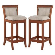 Kit 2 Banquetas Média Estofada Encosto Mônaco 36x90Cm Bancada Madeira Maciça Linho Bege M58 - RMI