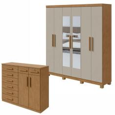 Conjunto de Guarda-Roupa 6 Portas com Espelho e Pés Jazz e Cômoda Toronto Amêndoa Clean/Off White