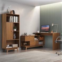 Escrivaninha em L 120x136cm 2 Portas com Estante 1 Porta Retrô Espresso Móveis Nogal