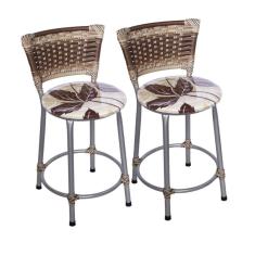 Kit 2 Banquetas Baixas Prata com Encosto Junco Capuccino Assento Floral Marrom