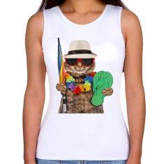Regata Feminina Gato nas Férias - Foca na Moda, Branco, G