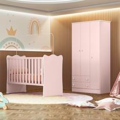 Quarto de Bebê Doce Sonho com Roupeiro 2617 e Berço Simples 1 Qmovi Rosa Acetinado